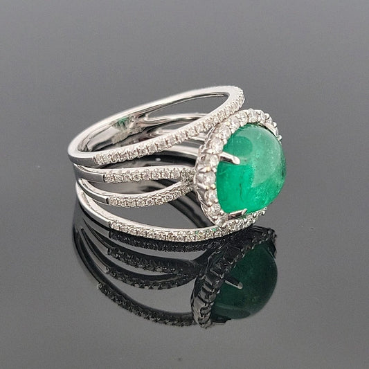 18K White Gold Oval Cabochon Emerald Ring 4.63ct Diamond Split Pave Shank 0.85ct by Devine & Co