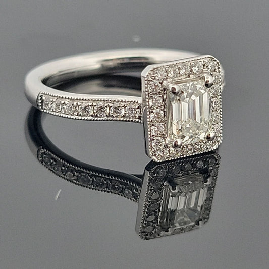 14K White Gold Emerald Cut Diamond Ring 0.72ct VS2 J, Halo Diamonds 0.34ctw by Devine & Co — front view
