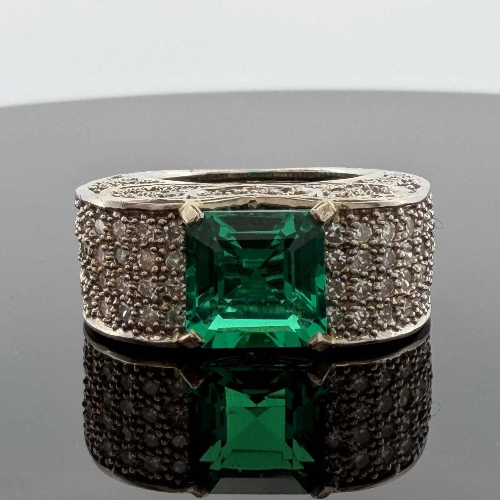 Lab Created Emerald and Diamond Ring 14K White Gold Wide Pavé Mounting 1.50CTW, alternate view