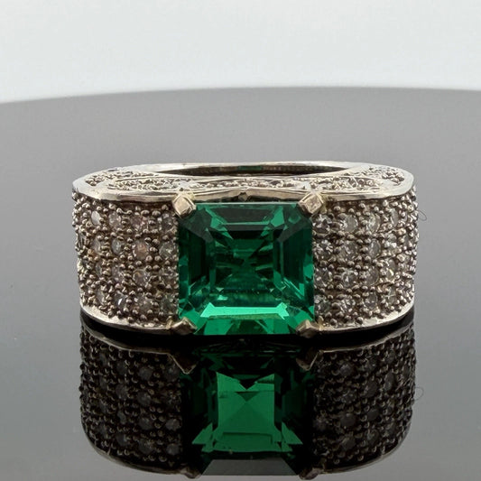 Lab Created Emerald and Diamond Ring 14K White Gold Wide Pavé Mounting 1.50CTW, alternate view