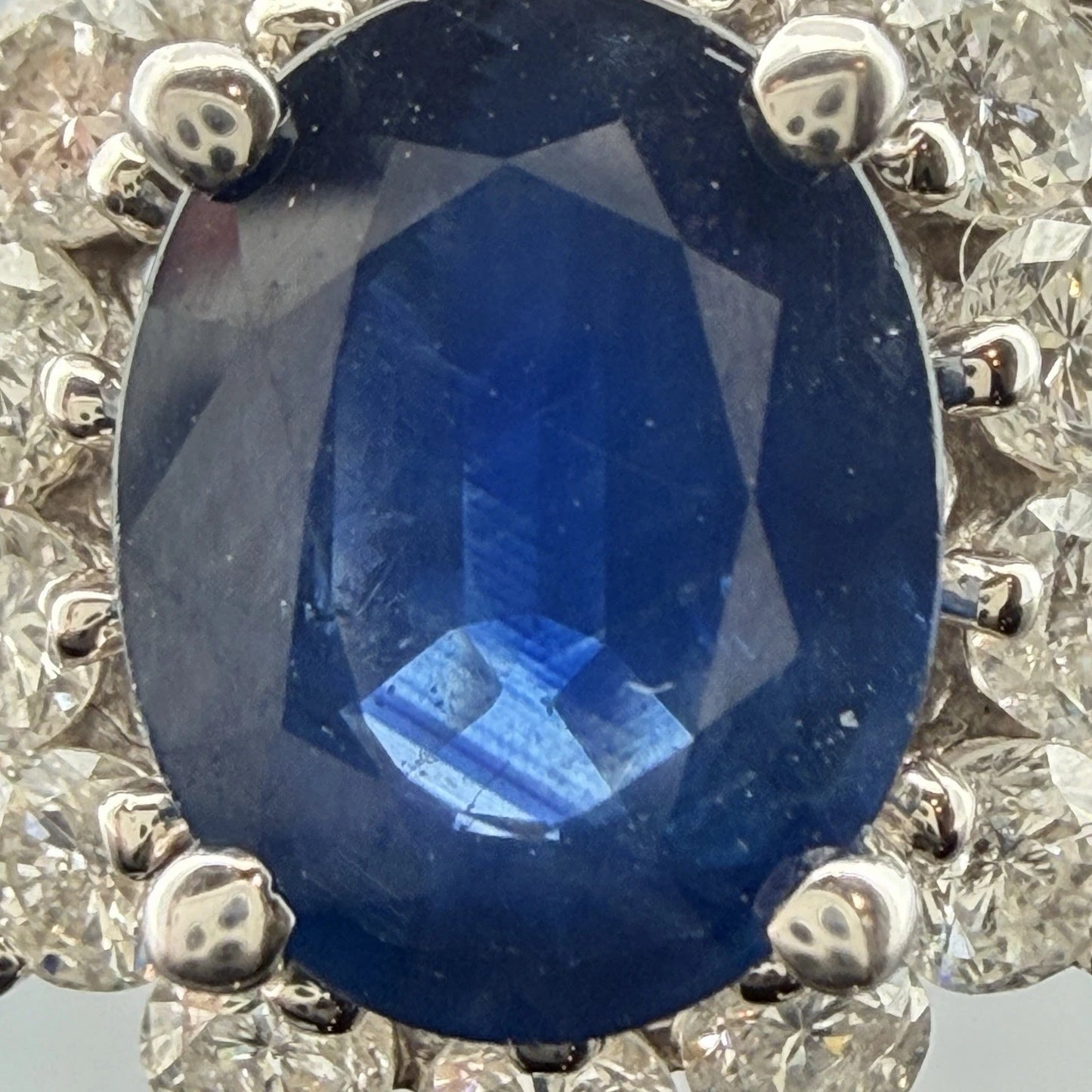 14K White Gold Natural Oval Blue Sapphire Diamond Halo Ring 6.3g Size 6.75