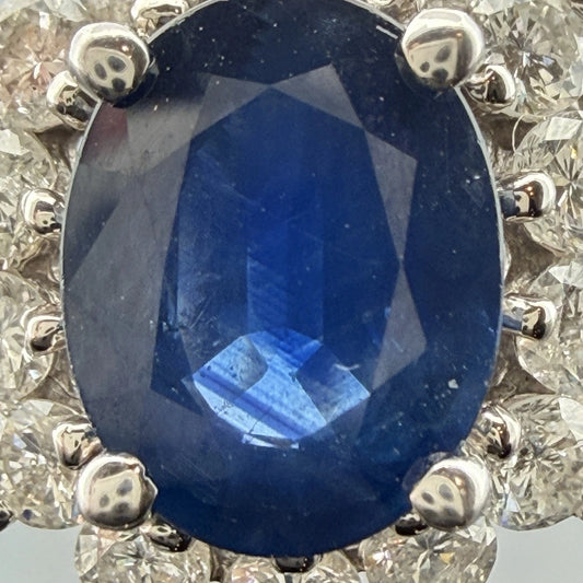 14K White Gold Natural Oval Blue Sapphire Diamond Halo Ring 6.3g Size 6.75