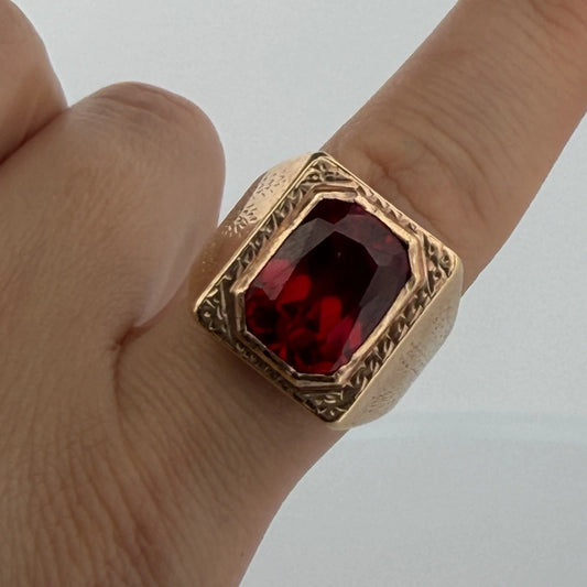 Vintage Men’s 14K Rose Gold Lab Created Rectangle Ruby Signet Ring Heavy 25.95g, alternate view