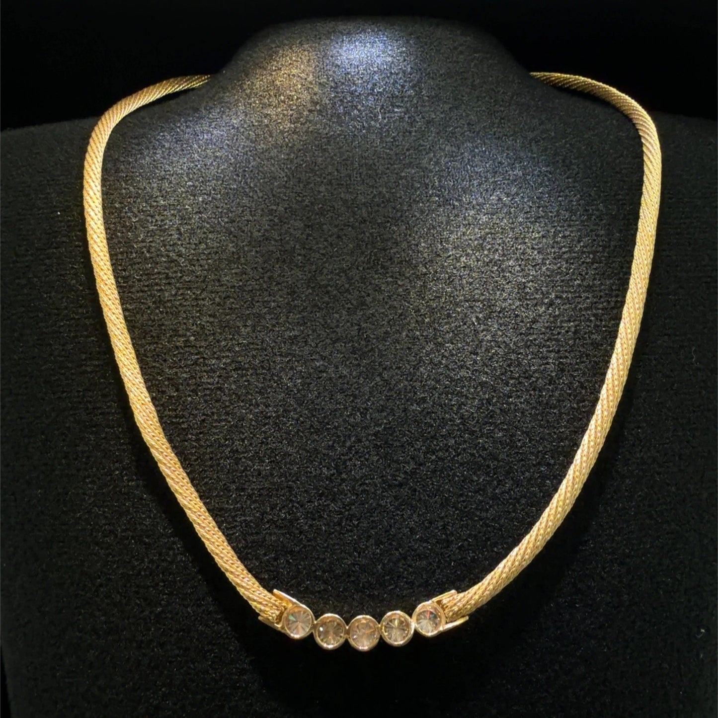 14K Yellow Gold Natural Diamond Bezel Necklace Woven Mesh Chain 18"