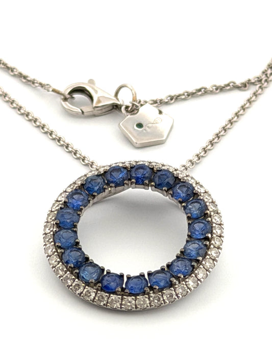 Graziela 18K White Gold Blue Round Sapphire & Diamond Circle Necklace 16" by Devine & Co