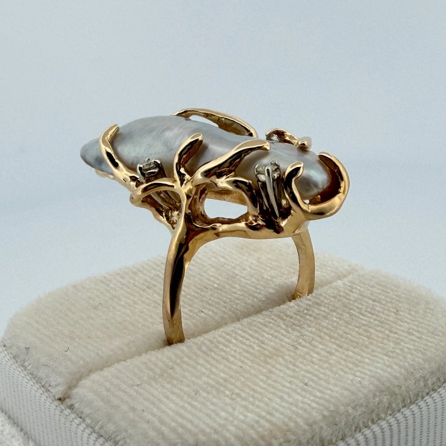 Vintage 14K Yellow Gold Baroque Pearl & Diamond Ring Size 6.5 Estate