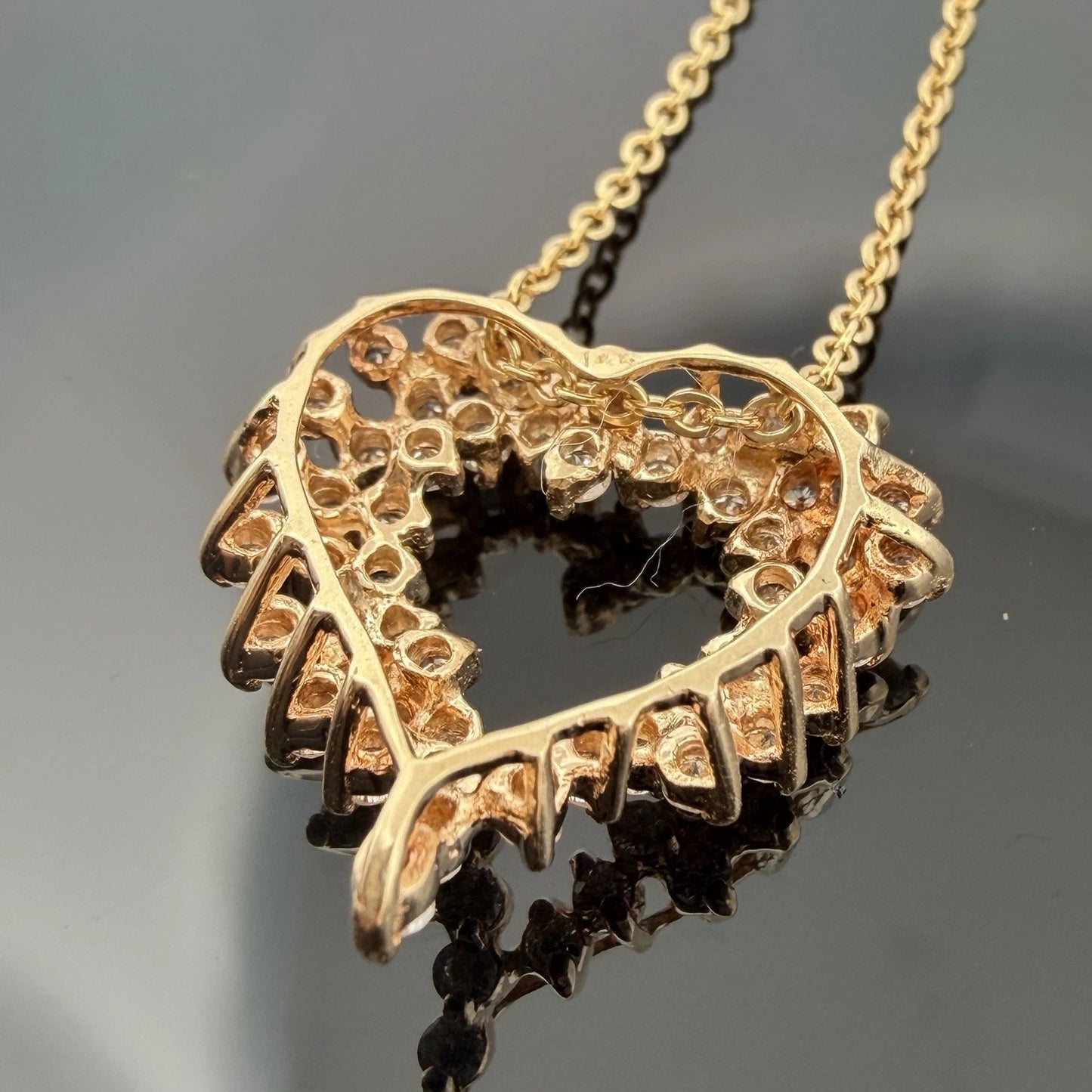 Vintage 14K Yellow Gold Diamond Open Heart Slide Pendant Necklace VS 1CTW 16"