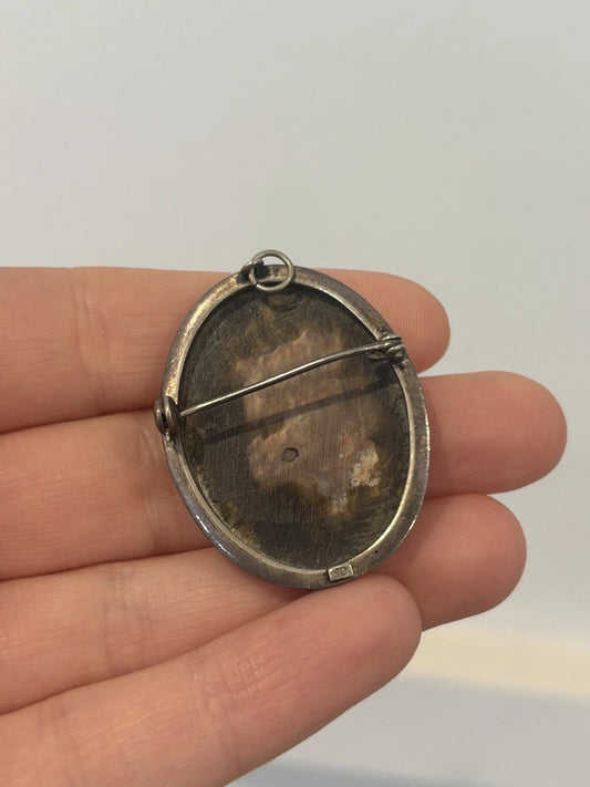 Vintage 800 Silver Mother of Pearl Cameo Pendant Brooch 38x30mm 9.23g by Devine & Co — front view