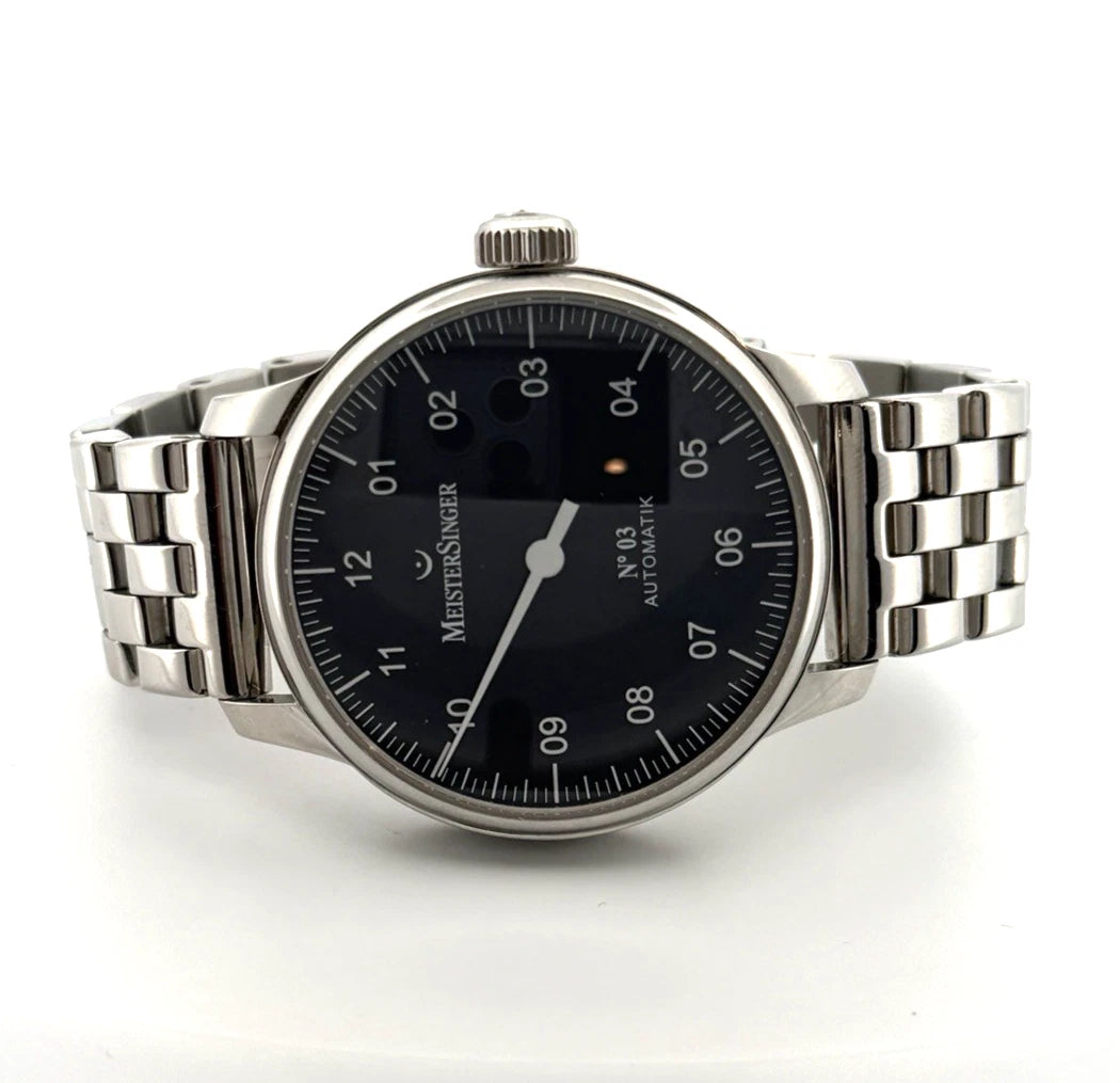 MeisterSinger No.03 Automatic Single-Hand Watch SS Black Dial Bracelet Full Set by Devine & Co