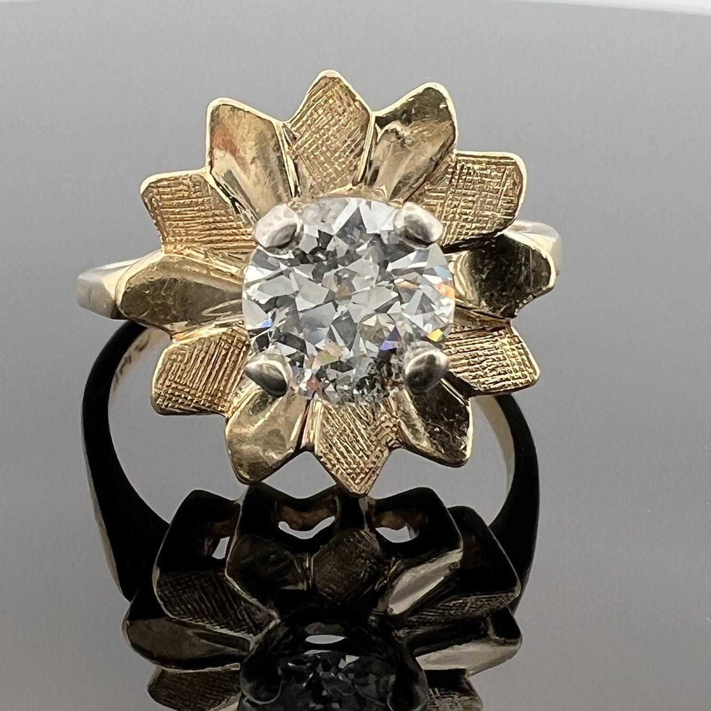 14K Yellow Gold 1.15ct Old European Cut Diamond Flower Ring H I2 Estate Sz 7.5