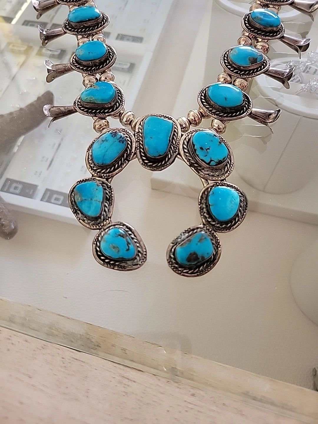 Vintage Sterling Silver Squash Blossom Necklace with Turquoise, 170 Grams, 24" by Devine & Co