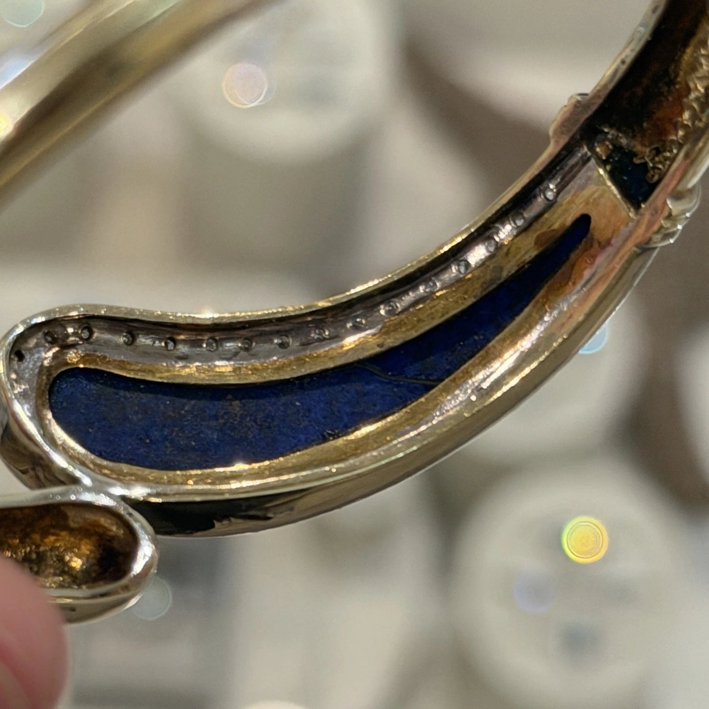 Vintage 14K Yellow Gold Lapis Lazuli Diamond Bypass Bangle Bracelet 24.33g