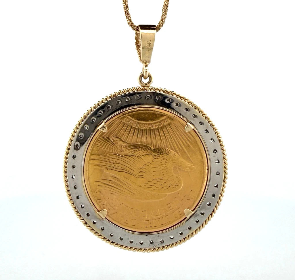 1909 $20 Liberty Gold Coin Diamond Bezel Pendant 14K Gold Necklace 54.62g