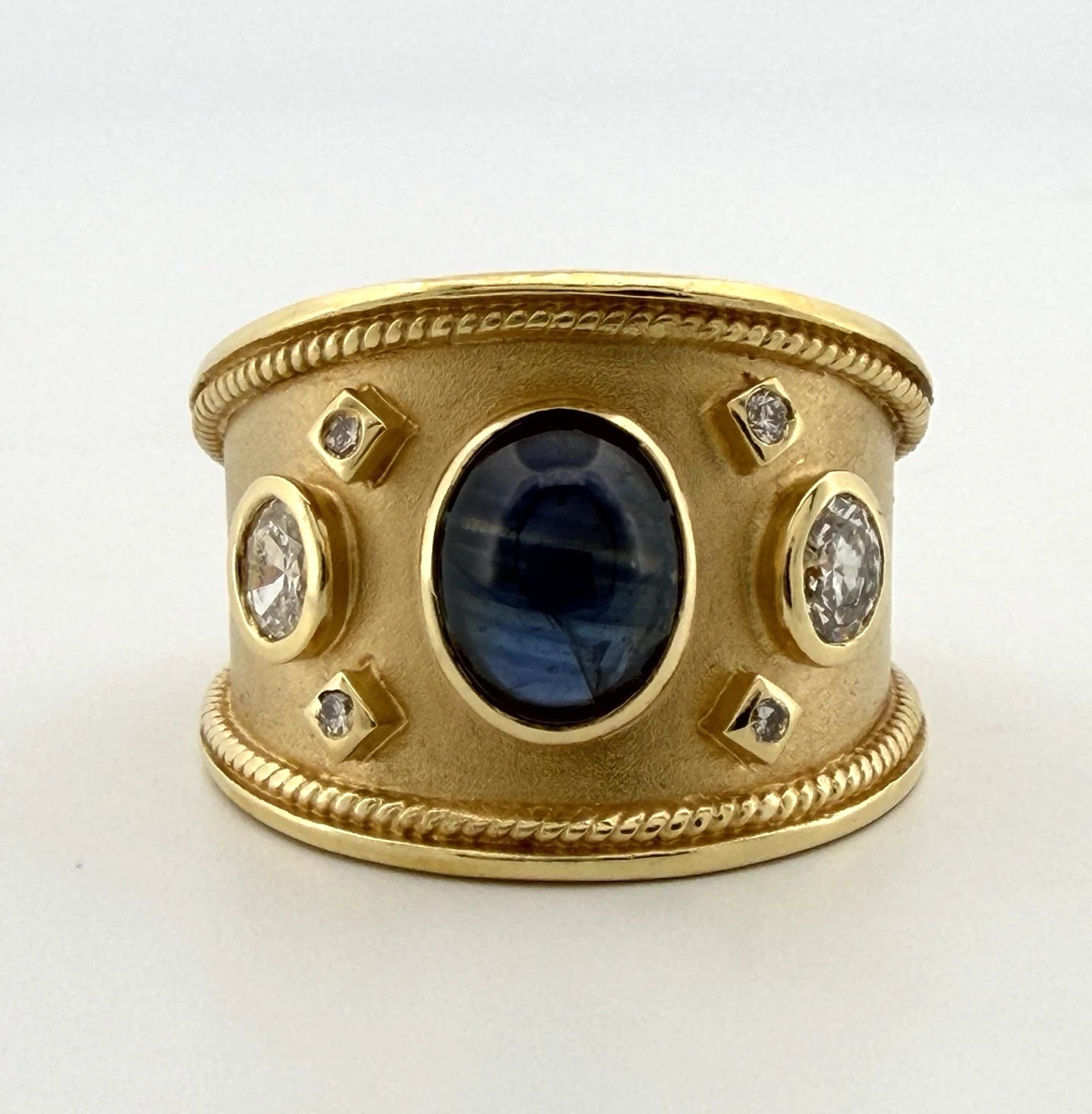 Handmade 18K Yellow Gold Sapphire Diamond Ring Wide Band Size 9 Estate 13g