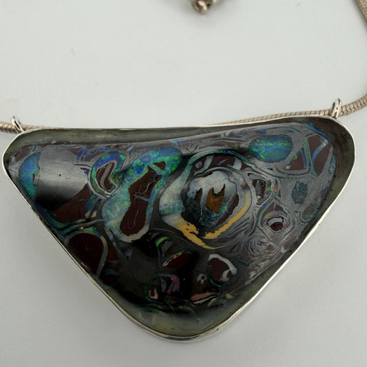 Australian Boulder Opal Pendant Necklace Sterling Silver Custom Bezel 20” Chain, alternate view