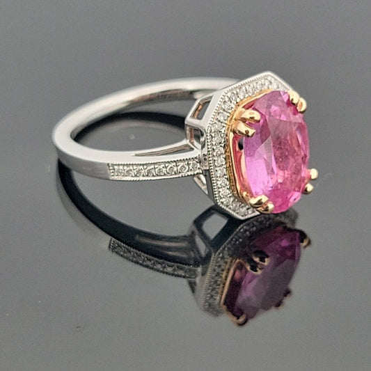 14K White & Yellow Gold Pink Sapphire Ring 2.53ct Oval Diamond Halo 0.14ctw Pave by Devine & Co