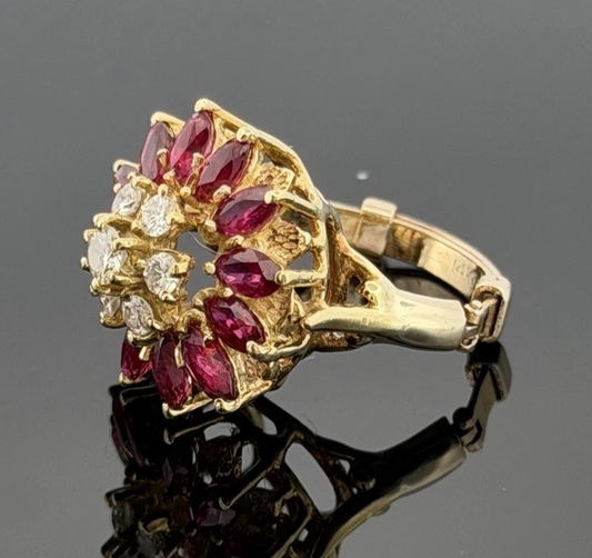 14K Yellow Gold Marquise Ruby & Diamond Cluster Ring – 8.45g – Adjustable 4.5–7 by Devine & Co