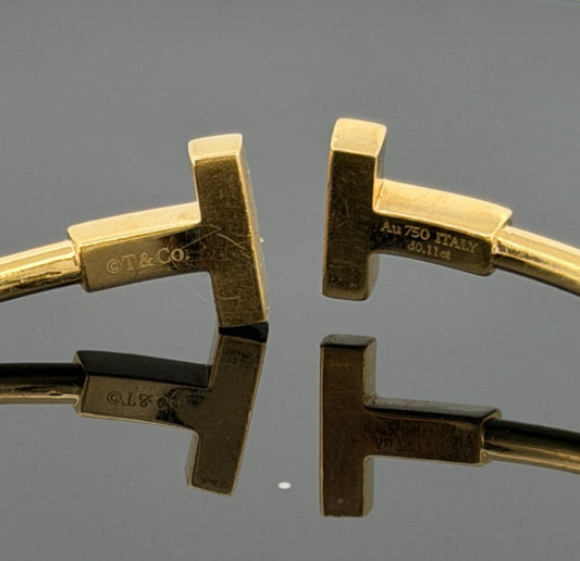 Tiffany & Co. T Wire Bracelet 18K Yellow Gold Mother of Pearl Diamond Bracelet by Devine & Co — front view