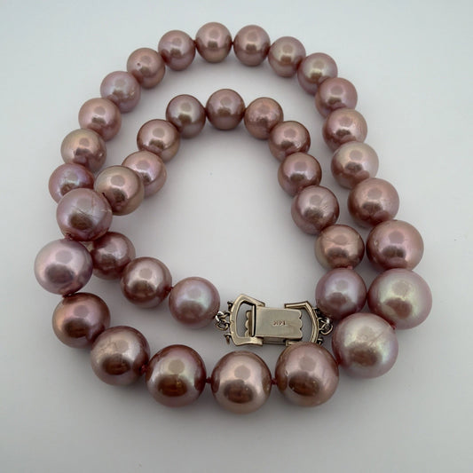 Lavender Cultured Pearl Necklace 14K Gold Diamond Clasp 20" 11-13mm