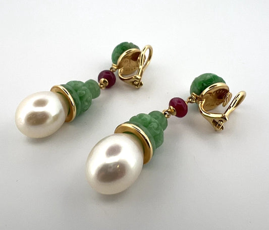 Seaman Schepps Canton Drop Jade, Ruby, Pearl Clip Earrings 18K Gold 17.37g