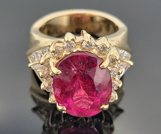 Natural Oval Rubellite Tourmaline Ring 6.90ct & 2CTW Diamonds 14K Yellow Sz 6.5 by Devine & Co