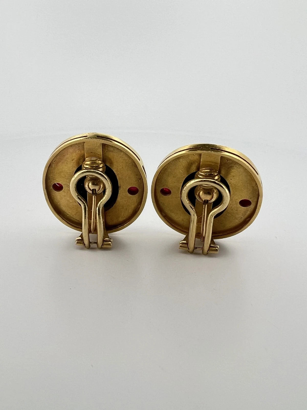 18K Yellow Gold Onyx Intaglio & Ruby Earrings 26g Handmade Omega Back Estate
