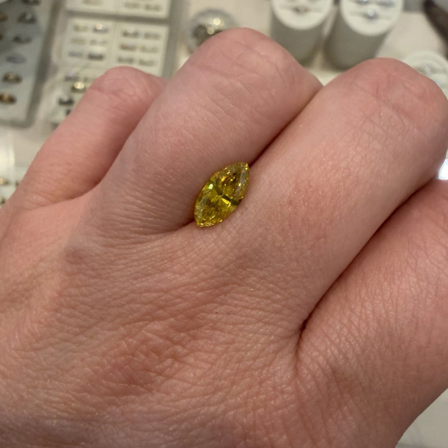 Loose GIA 1.33CT Fancy Vivid Greenish Yellow Diamond I2 Treated Marquise