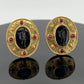 18K Yellow Gold Onyx Intaglio & Ruby Earrings 26g Handmade Omega Back Estate