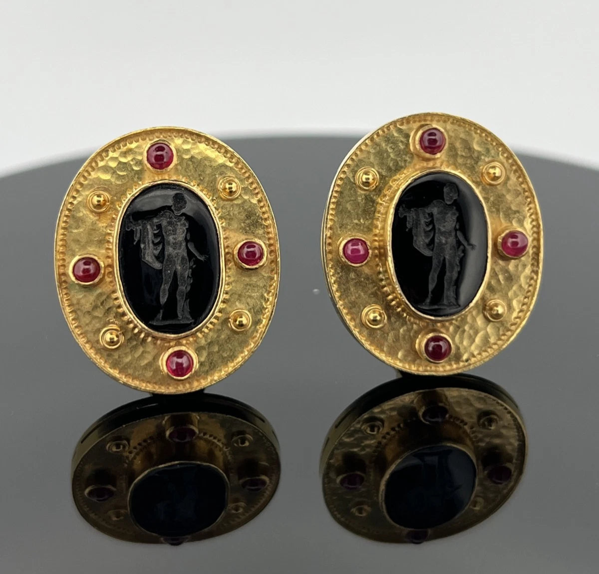 18K Yellow Gold Onyx Intaglio & Ruby Earrings 26g Handmade Omega Back Estate