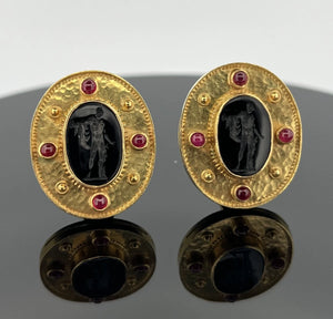 18K Yellow Gold Onyx Intaglio & Ruby Earrings 26g Handmade Omega Back Estate