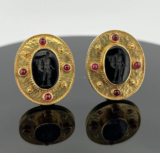 18K Yellow Gold Onyx Intaglio & Ruby Earrings 26g Handmade Omega Back Estate