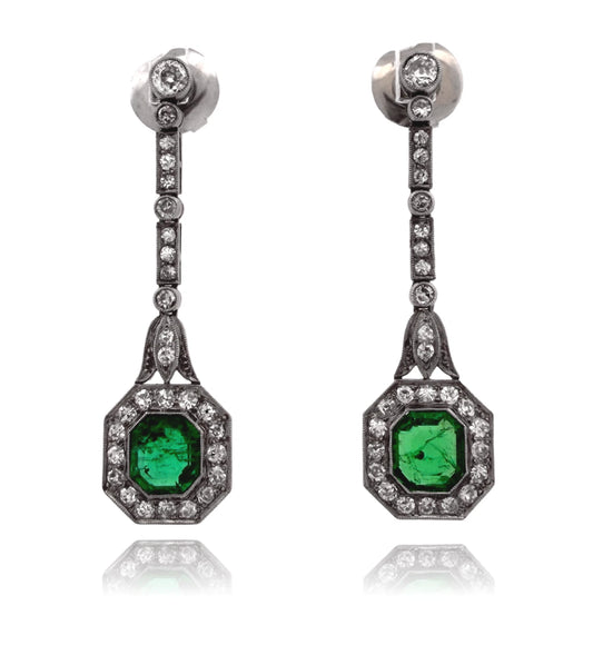 Colombian Emerald and Diamond Platinum Drop Earrings GIA Jewelry Report Certified, main view