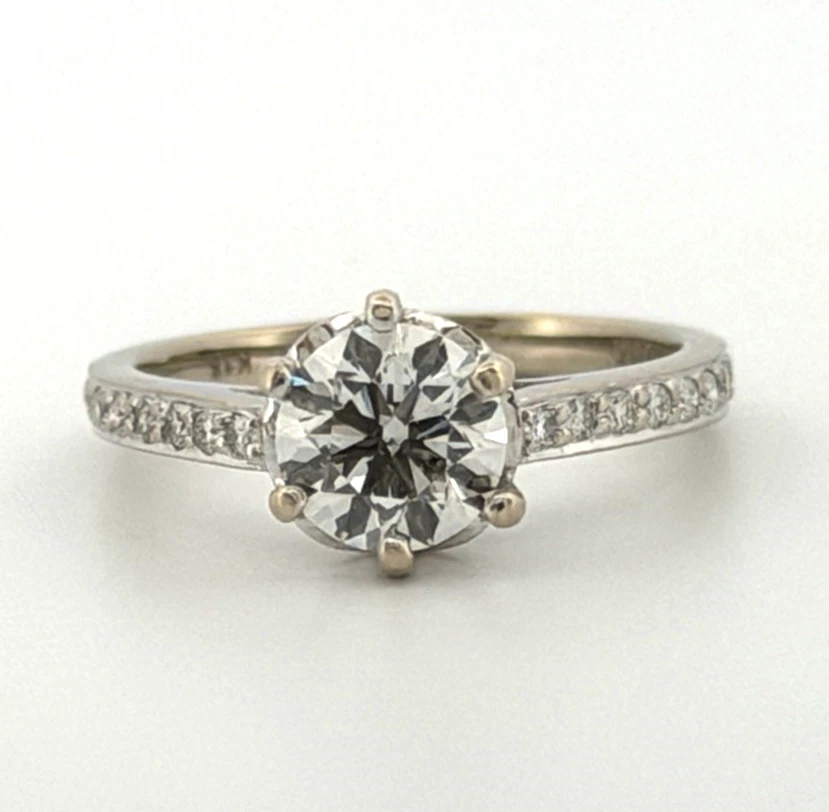 14K White Gold Engagement Ring GIA .96ct Round Natural Diamond SI1 I Size 4.75 by Devine & Co — band detail