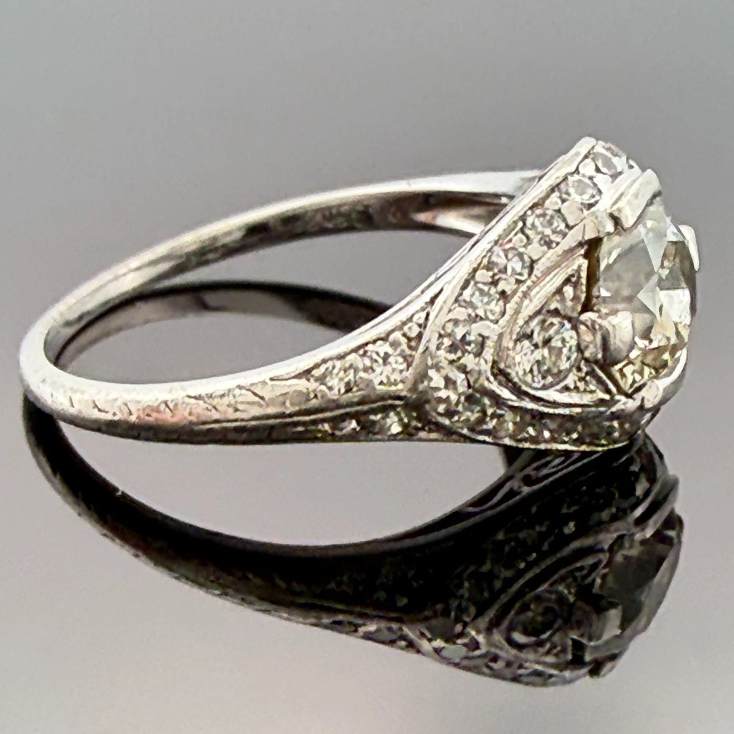 Art Deco Style Platinum Old European Cut Diamond Ring SI1 J Size 5.25