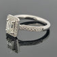 14K White Gold Emerald Cut Diamond Ring 0.72ct VS2 J, Halo Diamonds 0.34ctw by Devine & Co — angled view