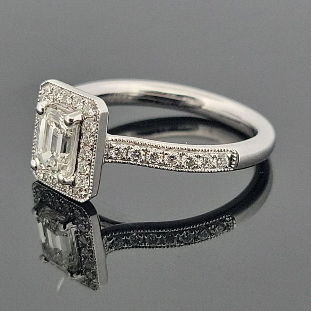 14K White Gold Emerald Cut Diamond Ring 0.72ct VS2 J, Halo Diamonds 0.34ctw by Devine & Co — angled view