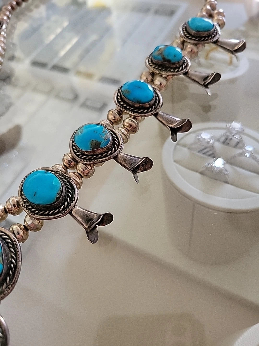 Vintage Sterling Silver Squash Blossom Necklace with Turquoise, 170 Grams, 24" by Devine & Co — front view