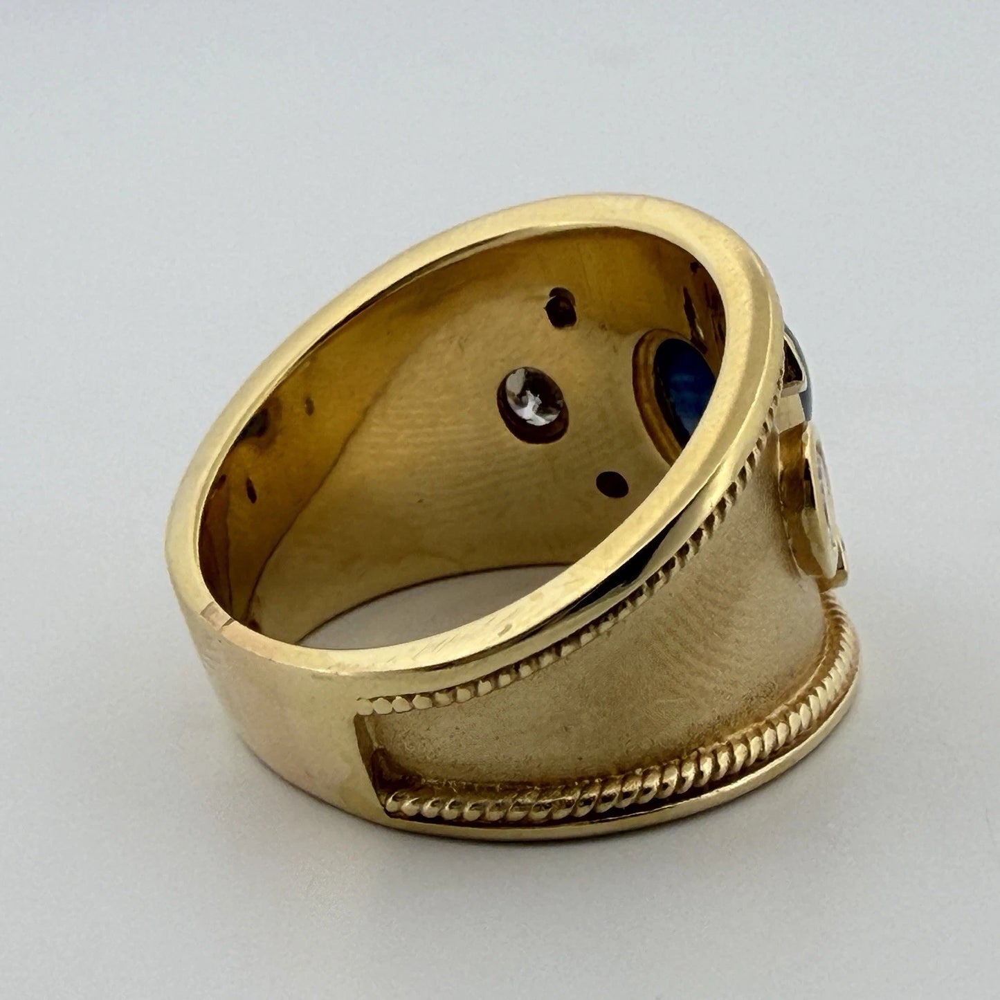 Handmade 18K Yellow Gold Sapphire Diamond Ring Wide Band Size 9 Estate 13g