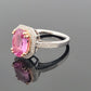 14K White & Yellow Gold Pink Sapphire Ring 2.53ct Oval Diamond Halo 0.14ctw Pave by Devine & Co — front view