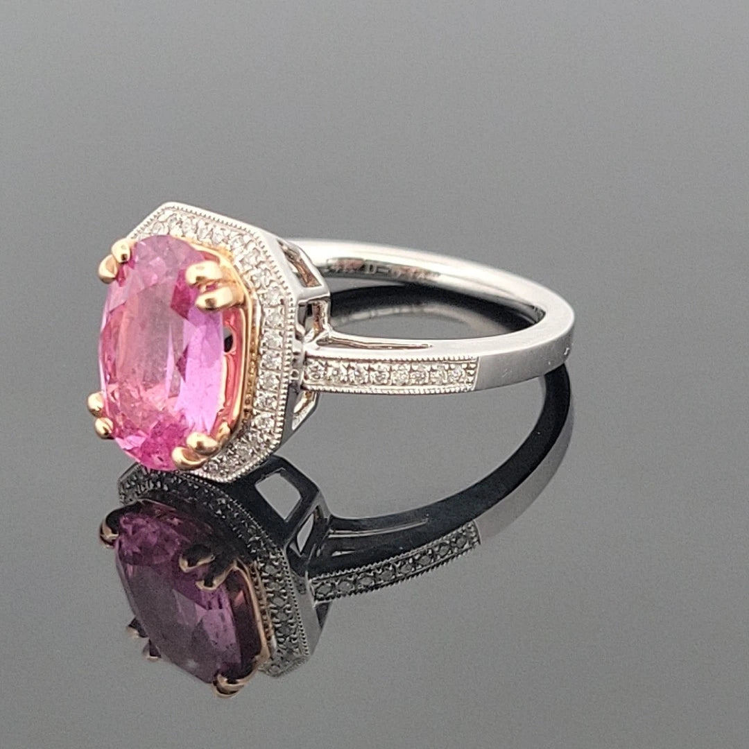 14K White & Yellow Gold Pink Sapphire Ring 2.53ct Oval Diamond Halo 0.14ctw Pave by Devine & Co — front view
