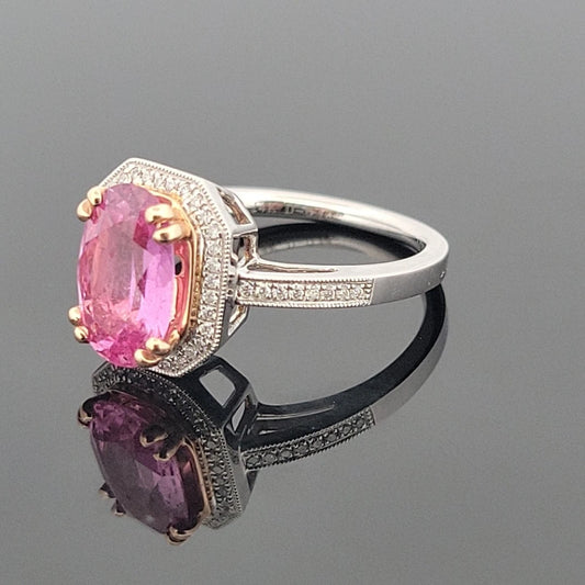 14K White & Yellow Gold Pink Sapphire Ring 2.53ct Oval Diamond Halo 0.14ctw Pave by Devine & Co — front view