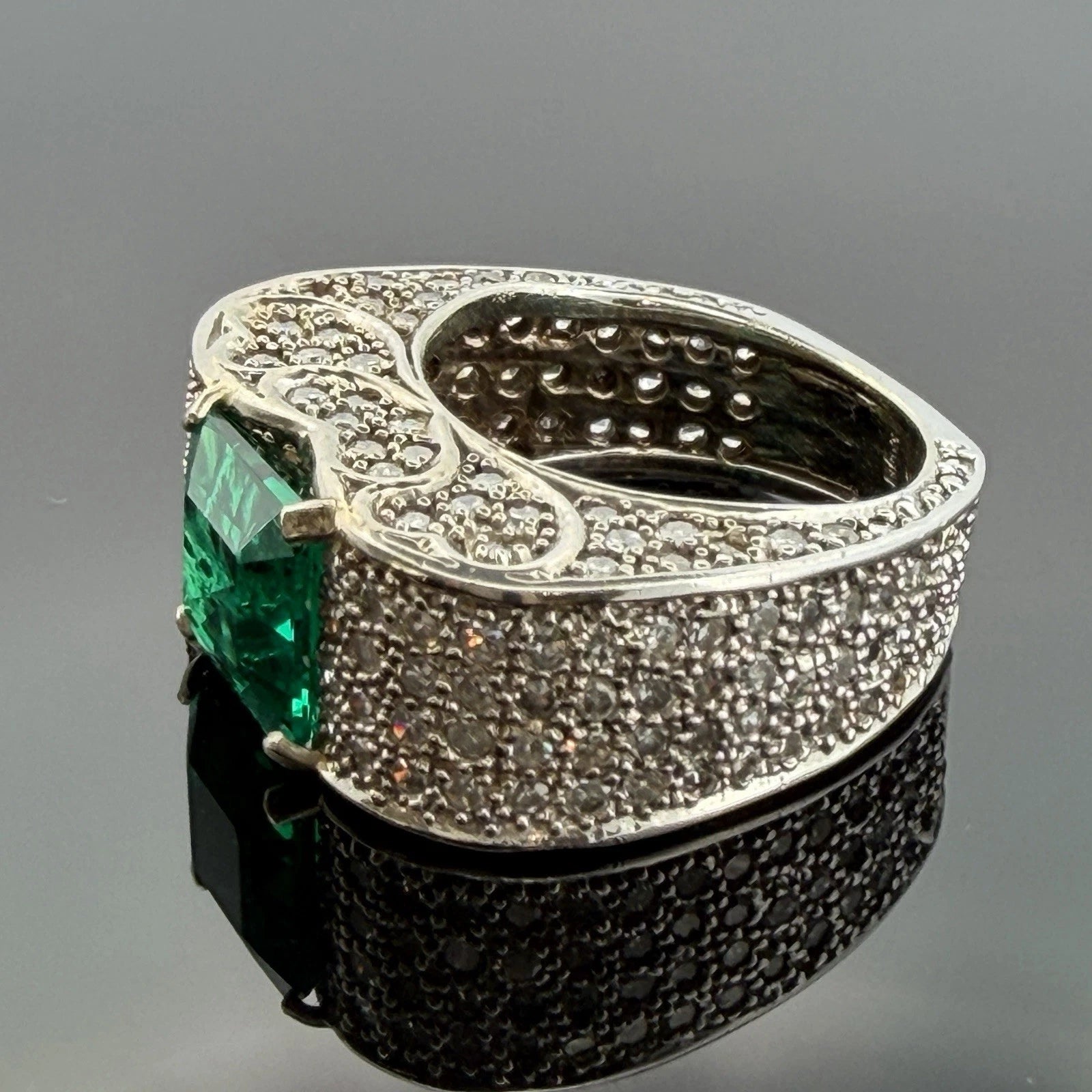 Lab Created Emerald and Diamond Ring 14K White Gold Wide Pavé Mounting 1.50CTW, stone detail