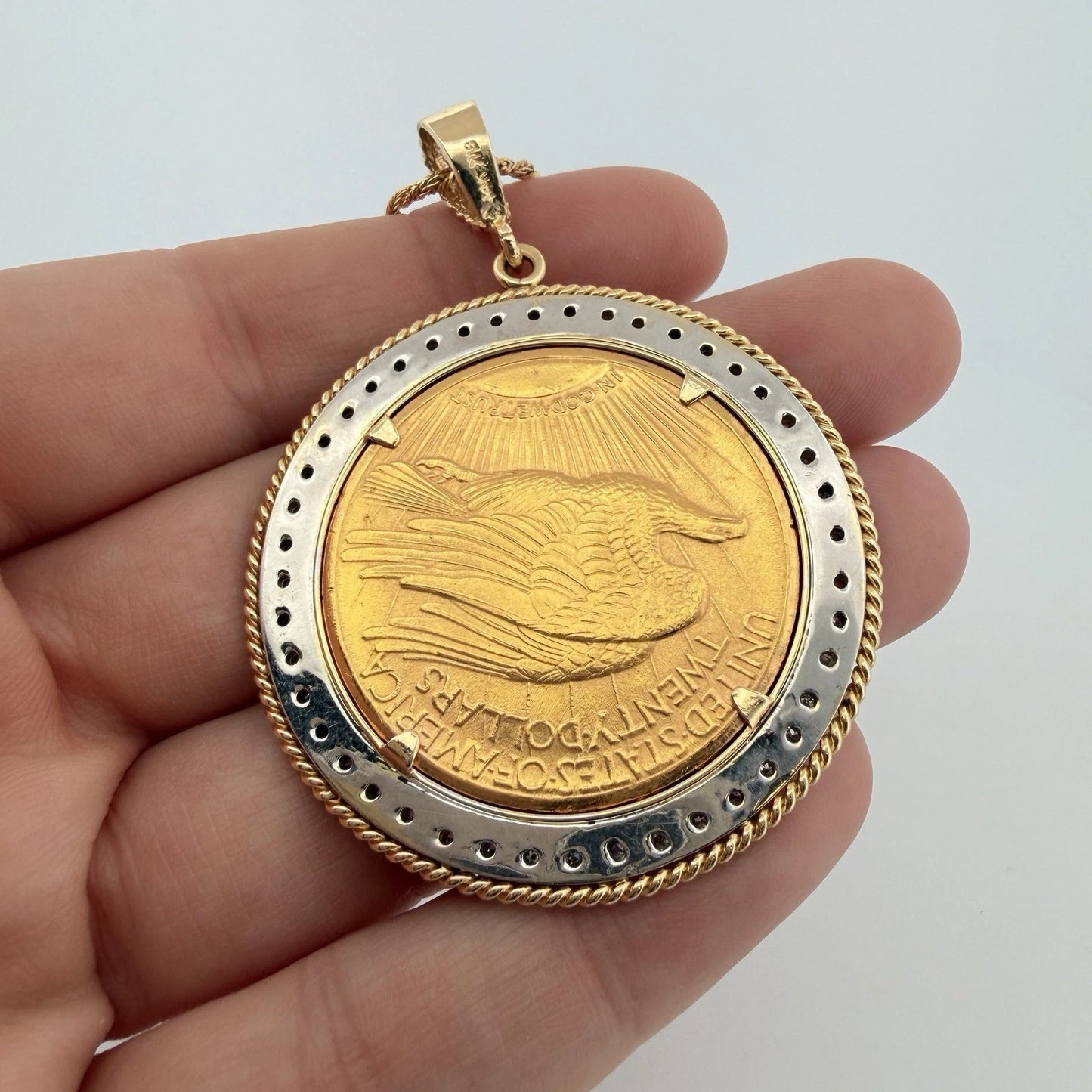 1909 $20 Liberty Gold Coin Diamond Bezel Pendant 14K Gold Necklace 54.62g