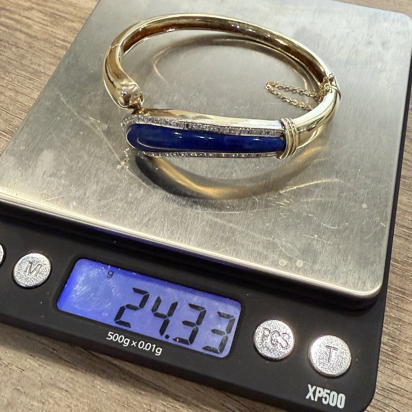 Vintage 14K Yellow Gold Lapis Lazuli Diamond Bypass Bangle Bracelet 24.33g