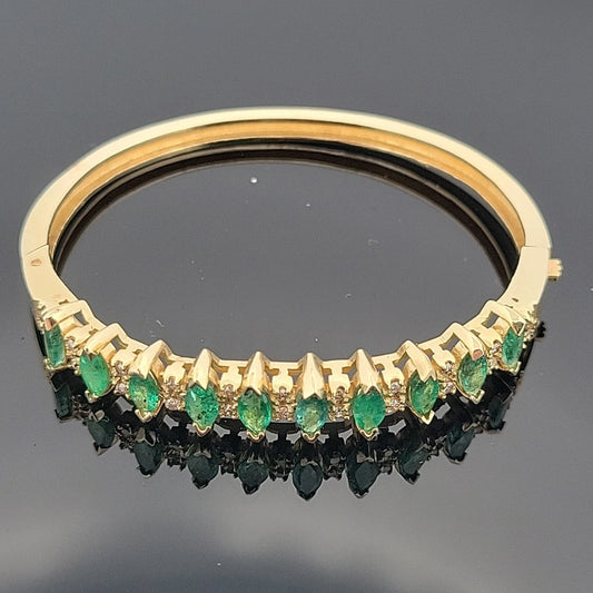 14K Yellow Gold Emerald & Diamond Bangle Bracelet, Marquise Emeralds, 7.5 Oval by Devine & Co — front view