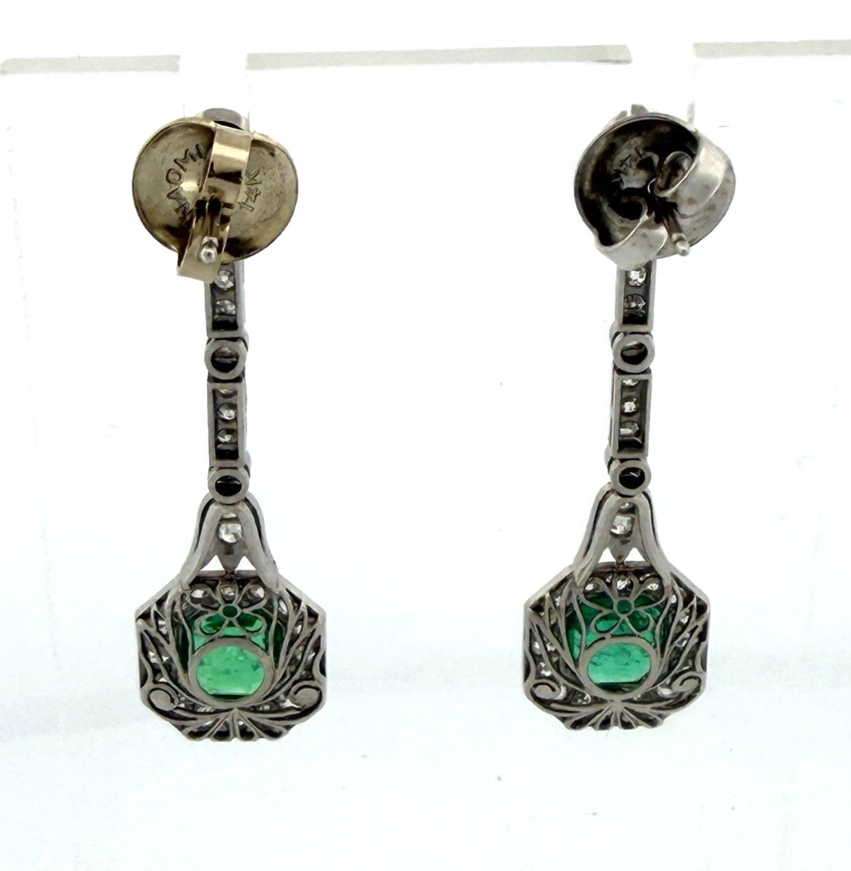 Colombian Emerald and Diamond Platinum Drop Earrings GIA Jewelry Report Certified, detail view