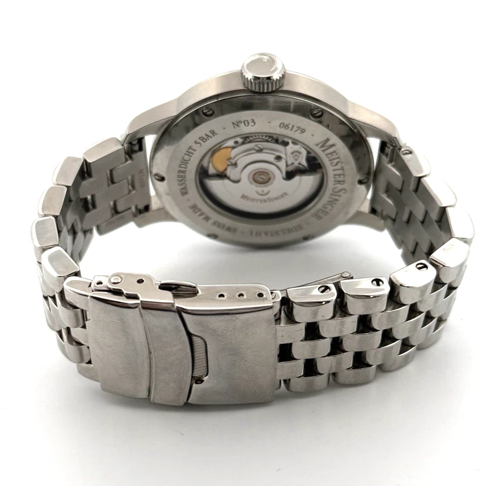MeisterSinger No.03 Automatic Single-Hand Watch SS Black Dial Bracelet Full Set by Devine & Co — front view