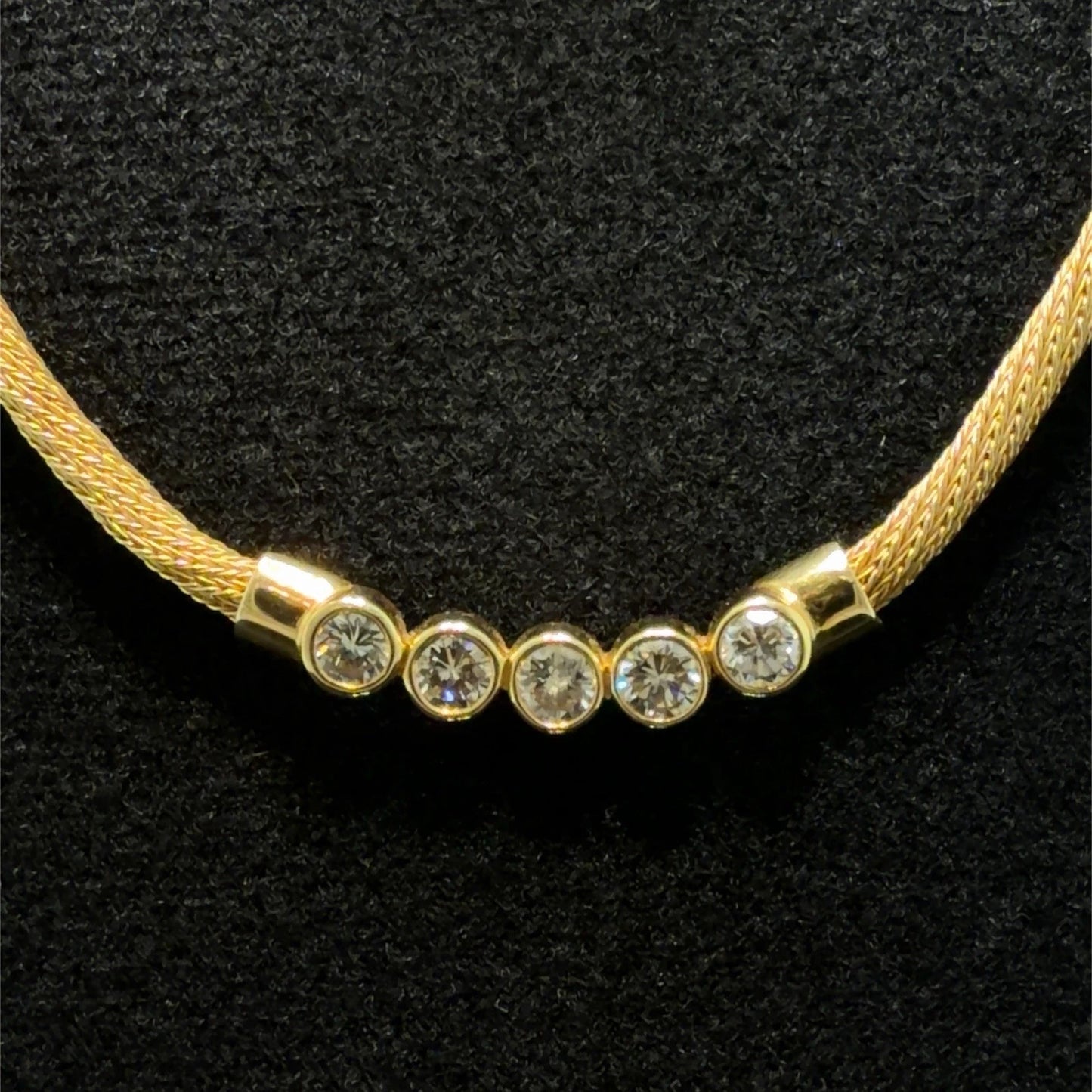 14K Yellow Gold Natural Diamond Bezel Necklace Woven Mesh Chain 18"