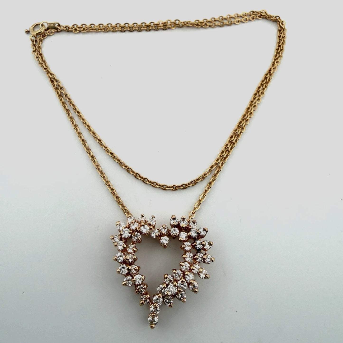 Vintage 14K Yellow Gold Diamond Open Heart Slide Pendant Necklace VS 1CTW 16"