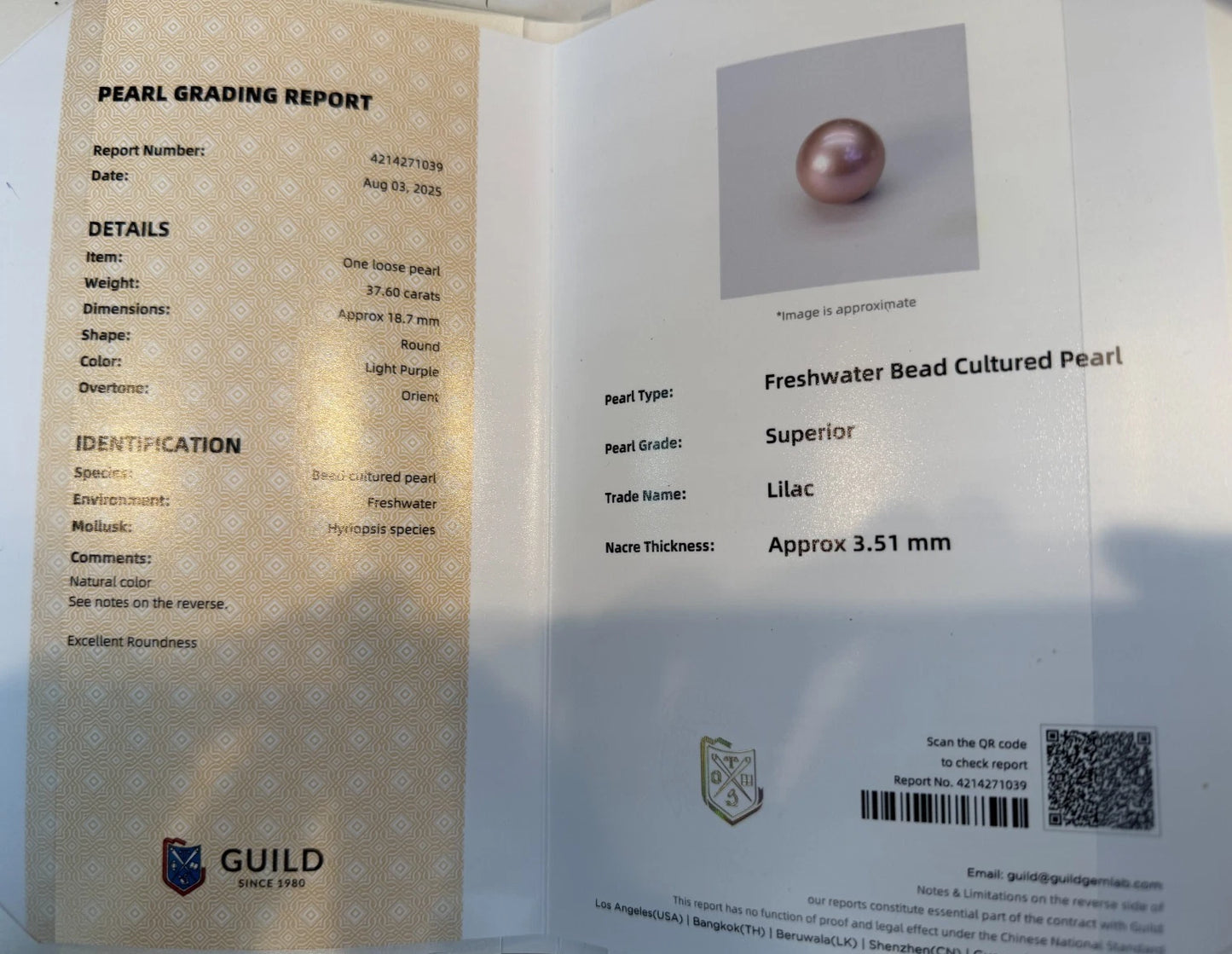 Certified 18.7mm Loose Intense Lilac Freshwater Cultured Pearl Undrilled Superior, detail view